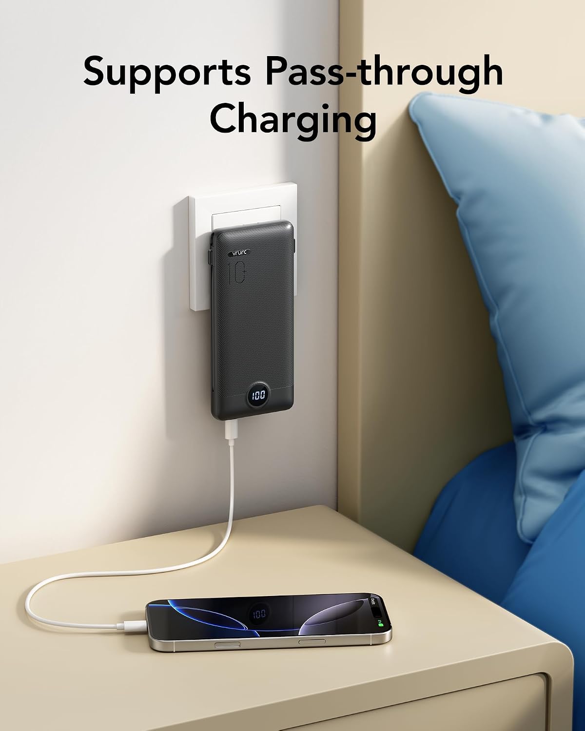 VRURC 10000mAh 22.5W Portable Charger, AC Plug & Built-in Cables,Black | Slim battery pack ,PD 20W fast charging, for business travel,compatible with iPhone & Samsung