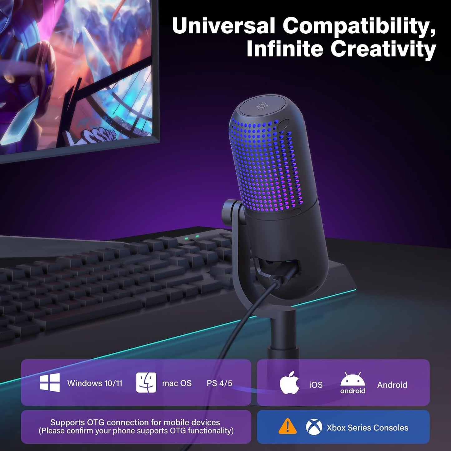USB Microphone for PC Gaming,Streaming&Podcast,Plug & Play RGB Desktop Mic with One-Touch Mute,Cardioid Noise-Canceling Computer Mic for Twitch,YouTube,Recording on PC & Laptop(Black)