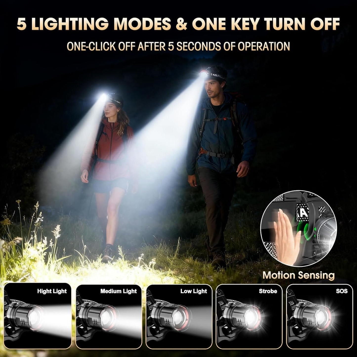 ATDOALL Super Bright LED Headlamp, High Lumen Rechargeable Head Lamp with Motion Sensor, 5 Modes, IPX5 Waterproof, 90° Adjustable, Zoomable Head Lights for Adults, Hard Hat, Outdoor, Camping