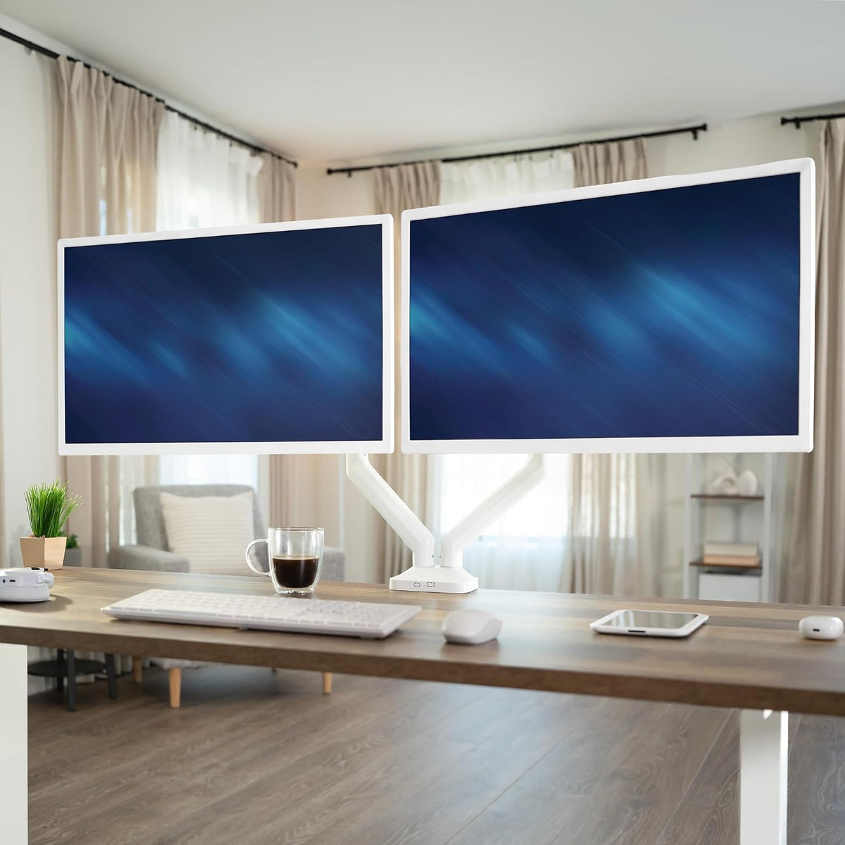VIVO Dual Pneumatic Arm Ultra-Wide Monitor Mount for up to 35 inch Screens, Holds 26.4 lbs per Arm, Desk Mount Monitor Stand for 2 Ultrawides, White, STAND-V200OW