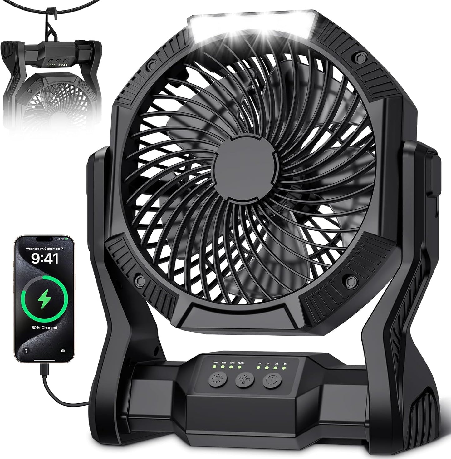 Portable Rechargeable Fan, 20000mAh Battery Powered Camping Fan with LED Light & Hook, 270° Adjustable, 4-Speed, 4H Timer Camping Essentials for Outdoor Tent Travel BBQ Car, Gifts for Men Dad