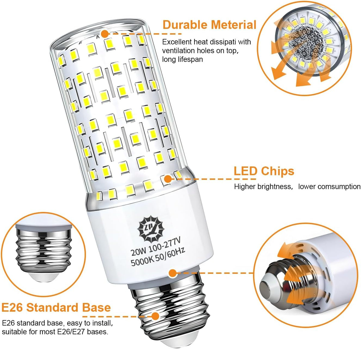 ZP 20W LED Light Bulb 4 Pack Corn Bulb 5000K Daylight Bulb E26/E27 Base