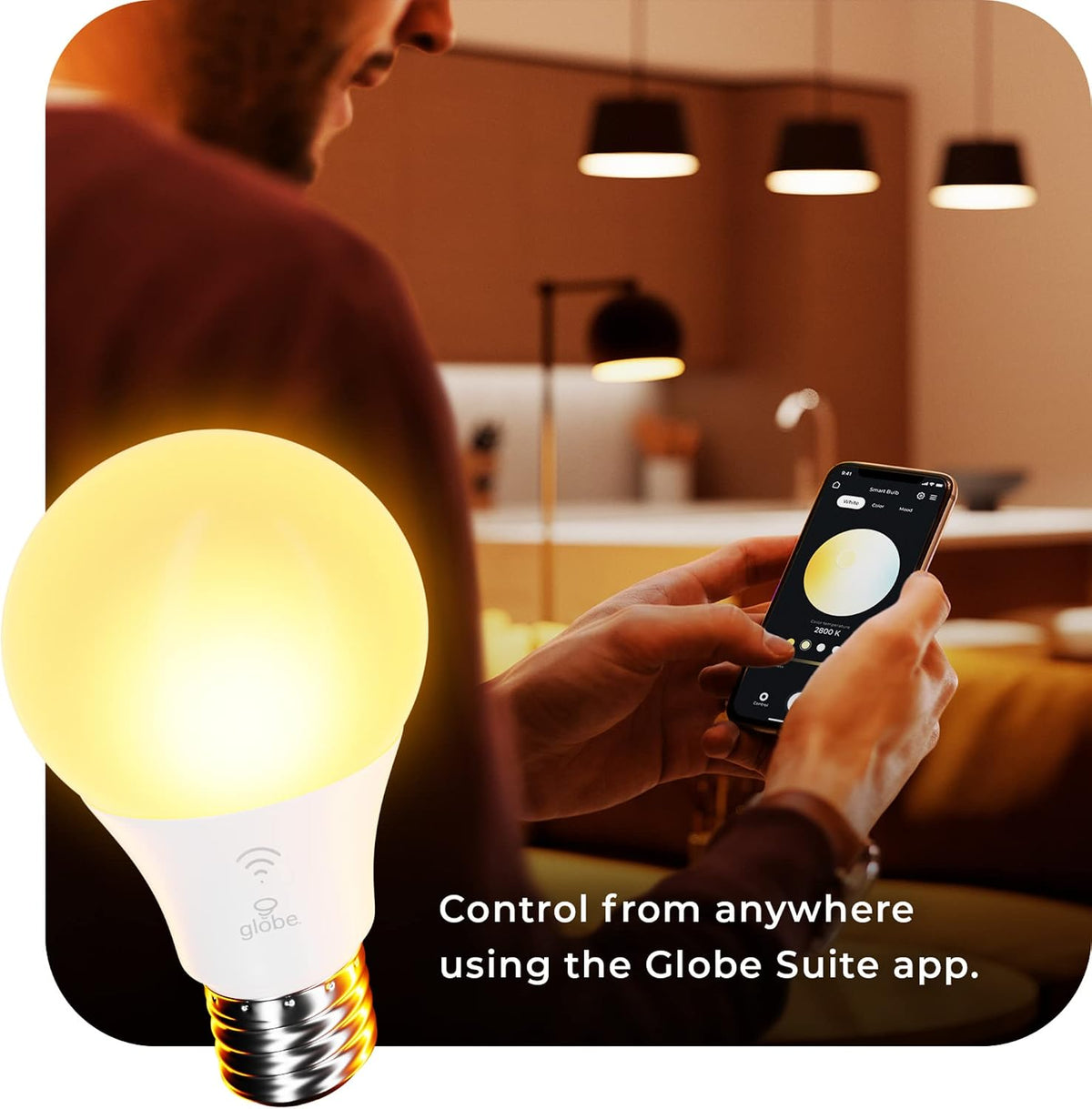 Globe Electric 34207 Wi-Fi Smart 10 Watt (60W Equivalent) Multicolor Changing RGB Tunable White Frosted LED Light Bulb 2-Pack, No Hub Required, Voice Activated, 2000K - 5000K, A19 Shape, E26 Base