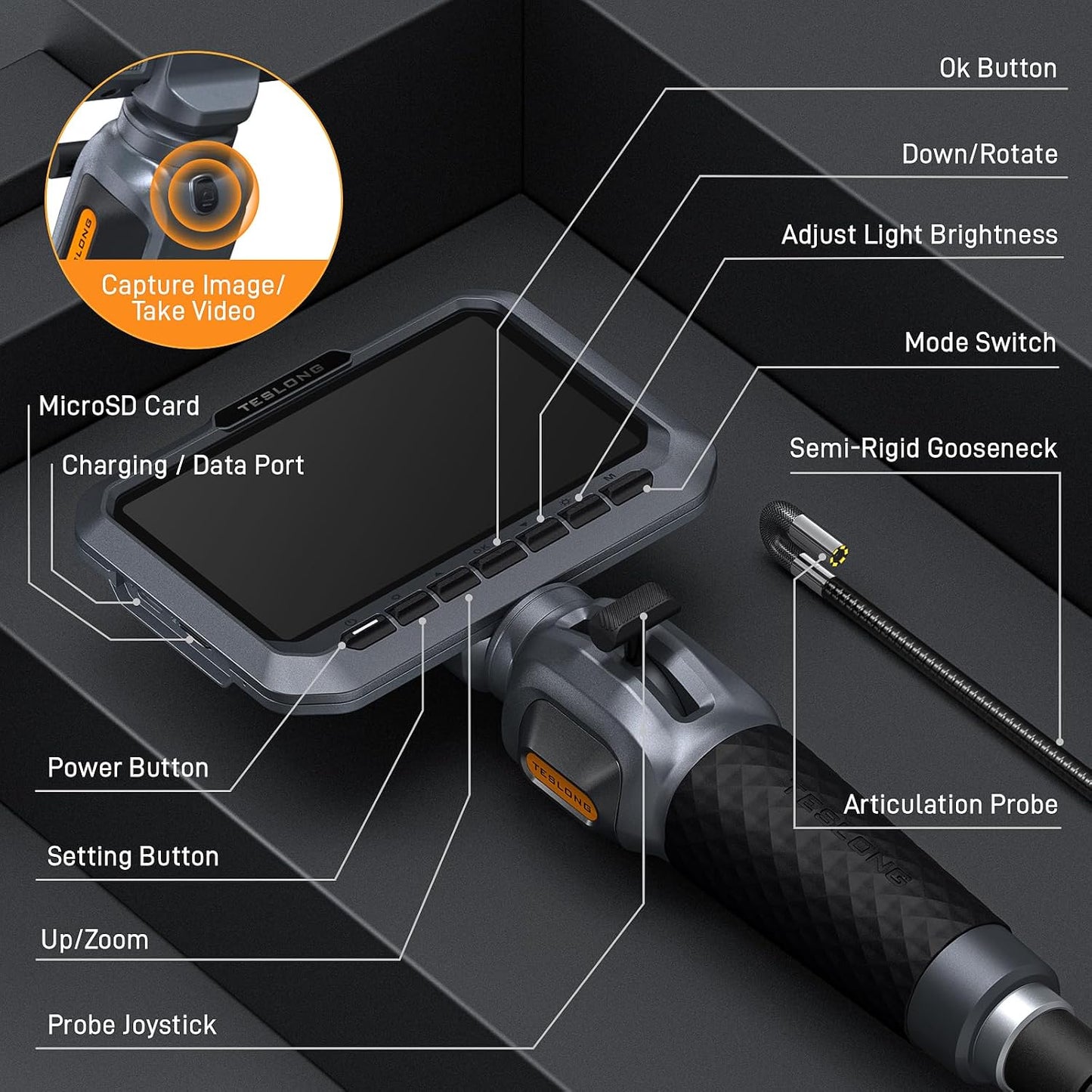 Teslong 5.5mm Slim Probe Two-Way Articulating Borescope for Automotive | 5" IPS Industrial Endoscope 5FT Flexible with 180° Bending & 6 LED Lights - Inspection Camera for Engine, HVAC, Mechanics