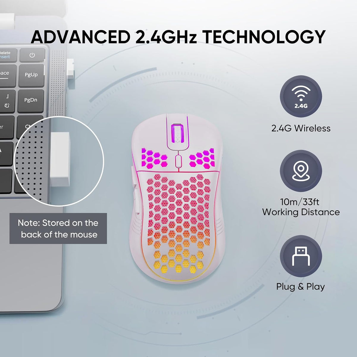 MELOGAGA Wireless Gaming Mouse RGB Rechargeable Lightweight Honeycomb White | 7-Color LED Light, 4 DPI Levels, USB-C Recharge & Stable 2.4G Wireless for PC Mac Laptop Desktop Computers