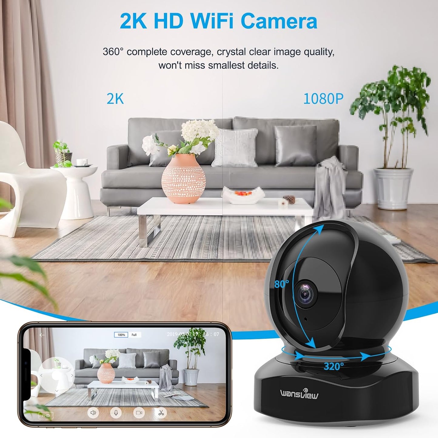 wansview Cameras for Home Security, 2K IP Camera, WiFi Home Indoor Camera for Baby/Pet/Nanny, Motion Detection, 2 Way Audio Night Vision, Compatible with Alexa, with TF Card Slot and Cloud