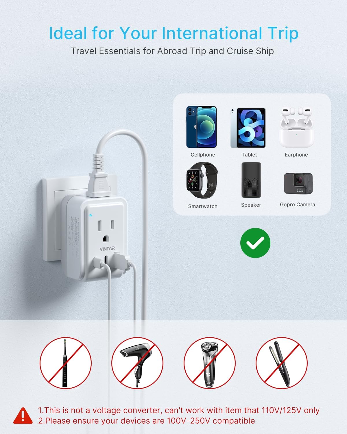 VINTAR 2 Pack European Travel Plug Adapter, Type C Foldable Power Adaptor | 2 AC Outlets 3 USB Charging Ports(2 USB C), International Power Adapter for US to Most Europe EU Italy Spain France Germany