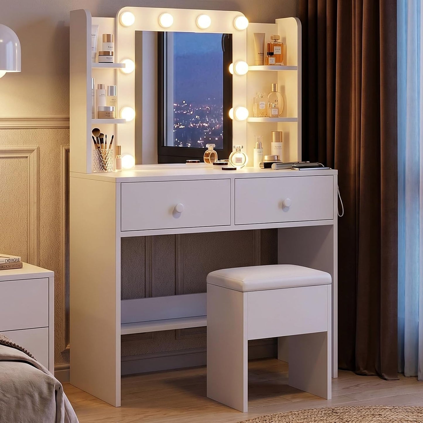 FUXA Makeup Vanity Desk with LED Mirror and Chair Set, White | 3 Lighting Modes, Built-in Charging Station, Storage Drawers and Shelves for Bedroom