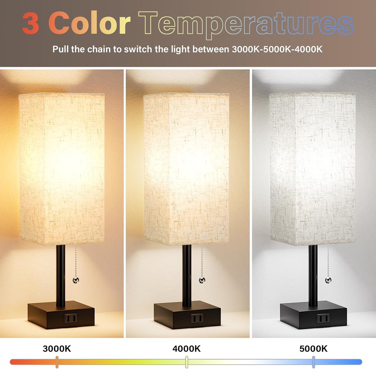 Bedside Lamp for Bedroom Set of 2 - Small Table Lamp for Nightstand | AC Outlet, 3 Color Temperatures, LED Bulb Included, Pull Chain Design, 14" Rectangular Desk Lamp for Dorm/Office, 2-Pack