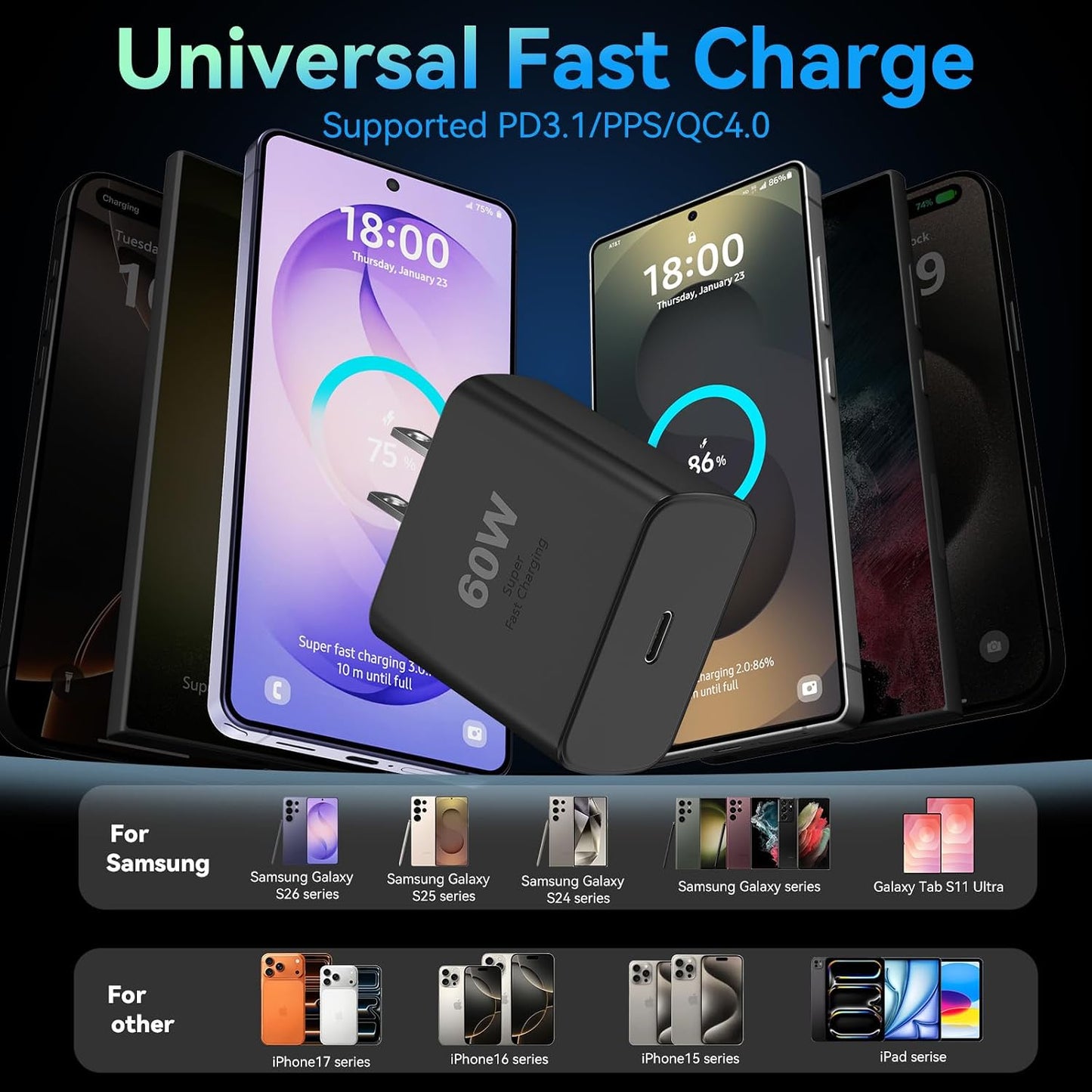 60W USB C Super Fast Charger Type C Android Phone Charger Fast Charging Block with 10ft USB-C to USB-C Cord Compatible with Samsung Galaxy S26 Ultra/S26/S26+/S25/S25 Ultra/S25+/S24, iPhone, iPad