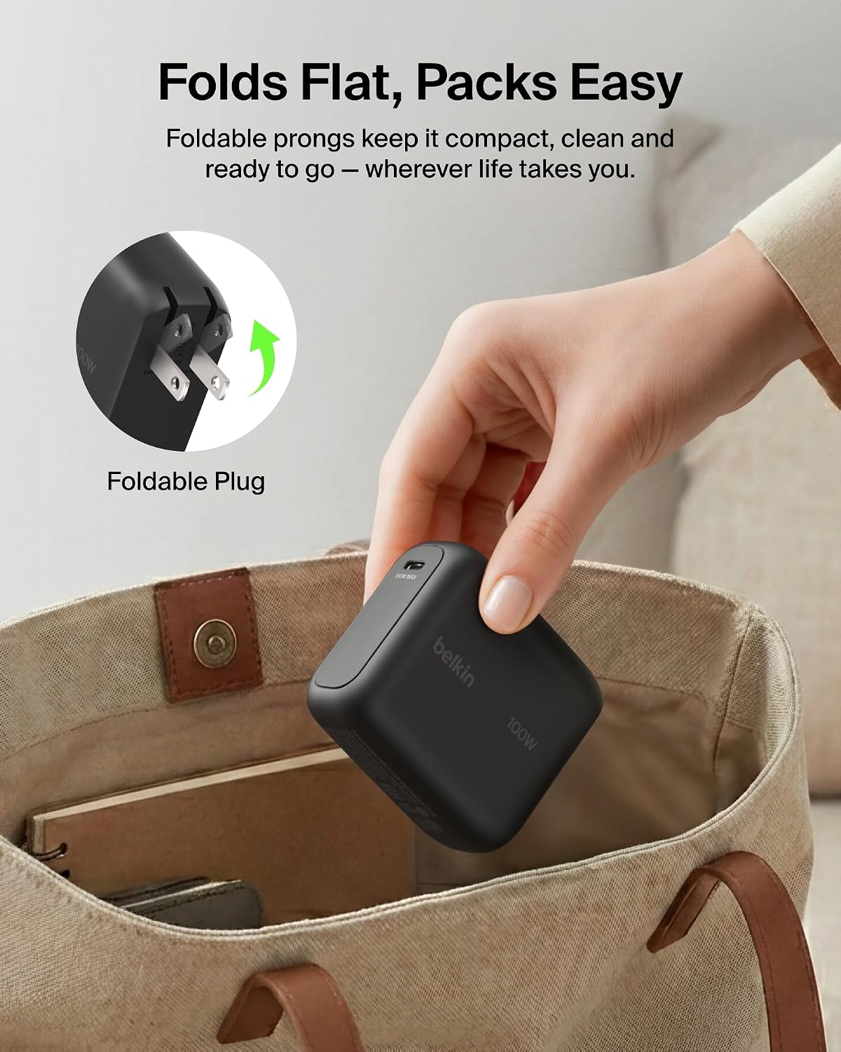 Belkin 100W Compact GaN USB C Charger Block Fast Charging for MacBook | PD 3.2, Super Fast Charging 2.0, Laptop Charger, iPad, iPhone 17, Samsung Galaxy, Pixel, Foldable Prongs, 5ft Cable Included