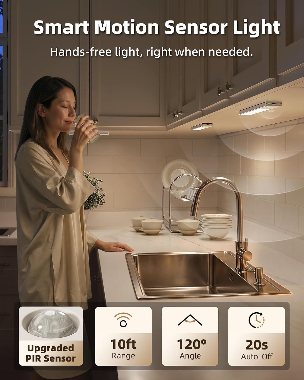 EZVALO Under Cabinet Lighting Wireless, 6Pack Rechargeable Counter Lights, 1800mAh LED Motion Sensor Light Indoor, Dimmable & 3 Color Temps with Power Display, for Kitchen, Stairs, Bookshelf, Closet