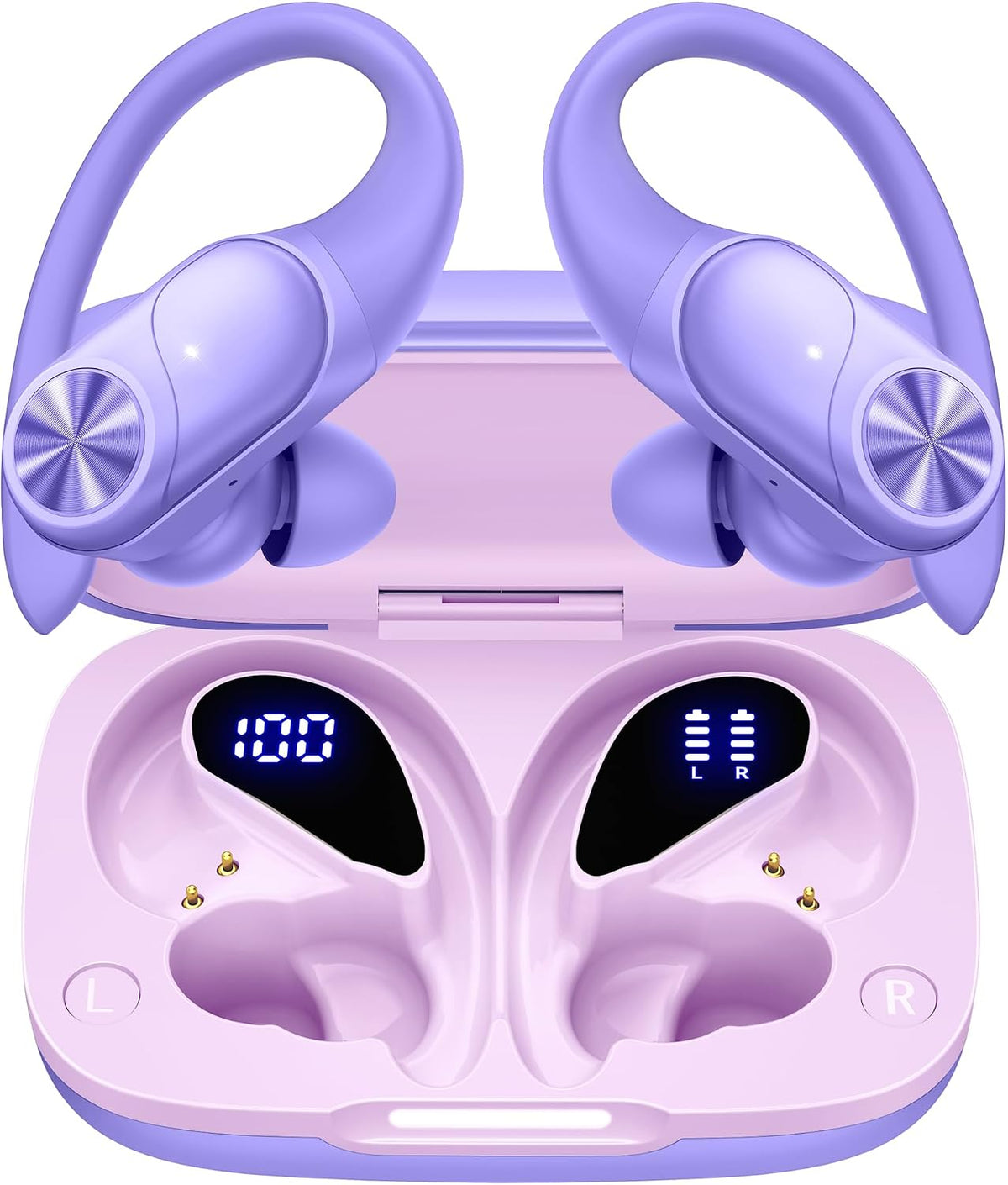PocBuds Bluetooth Headphones Wireless Earbuds 80hrs Playtime Wireless Charging Case Digital Display Sports Ear buds with Earhook Deep Bass IPX7 Waterproof Over-Ear Earphones for TV Phone Laptop Purple