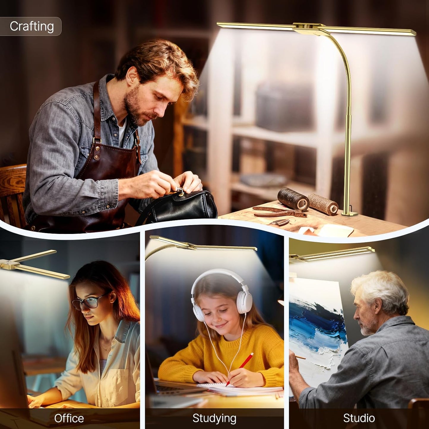Syrinx LED Desk Lamp for Office Home, Dual Head Eye-Care Architect Lamp | Gesture/Wired Control, Flexible Neck, Bright Desk Light with Memory/Timer, 50 Lighting Modes for Study, Drafting, Gold