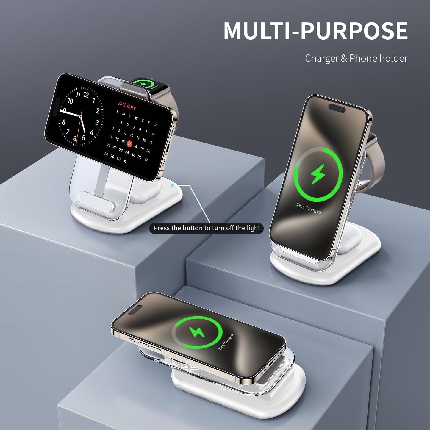 2026 Traveling Wireless Mag-Safe Fast Charging Station | Magnetic 3 in 1 Charger with Light for iPhone 17 16 15 14 13 12 Pro Max Plus,Apple Watch& Air pods 4 3 2 Pro(White)