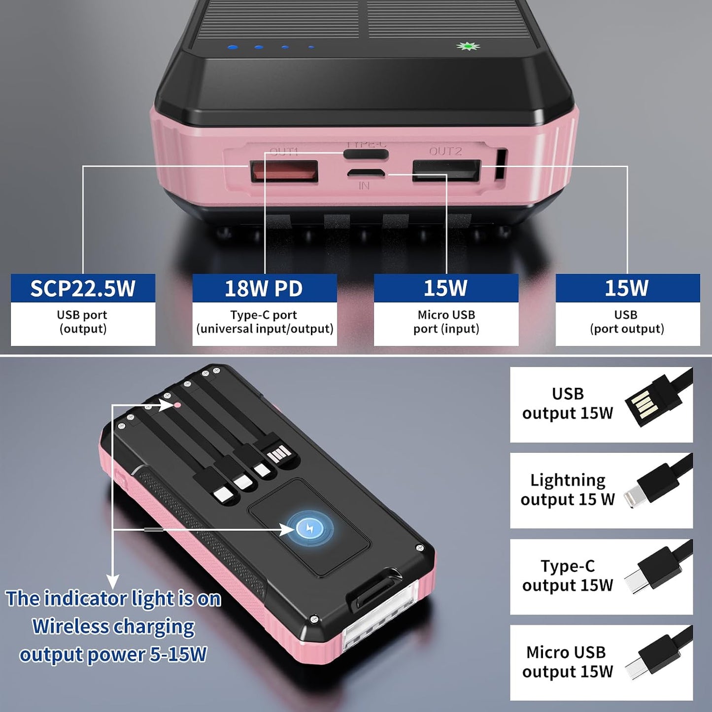 Solar Power Bank 49800mAh, Portable Charger with Built-in 4 Cables, 22.5W Fast Charging Solar Panel Charger for Traveling, Camping and Emergency(Pink)