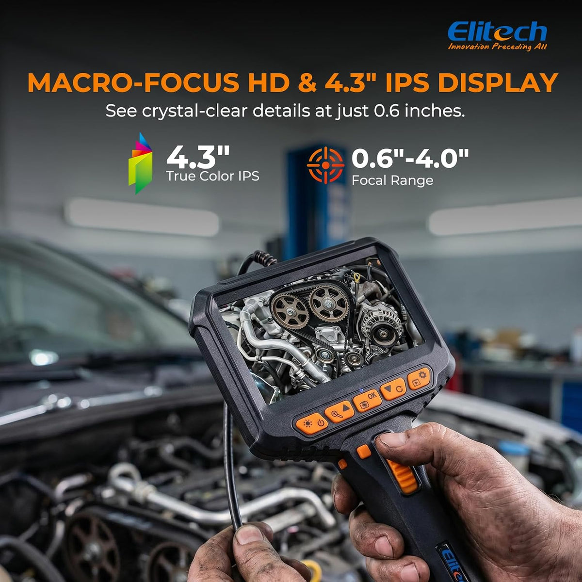 Elitech Articulating Borescope with Light, 6mm/0.24in Inspection Camera | 180° Articulation, Adjustable LEDs, 1080P IPS Display, Slim Probe, IP67 Waterproof, 20,000+ Bend Life, High Temp Protection