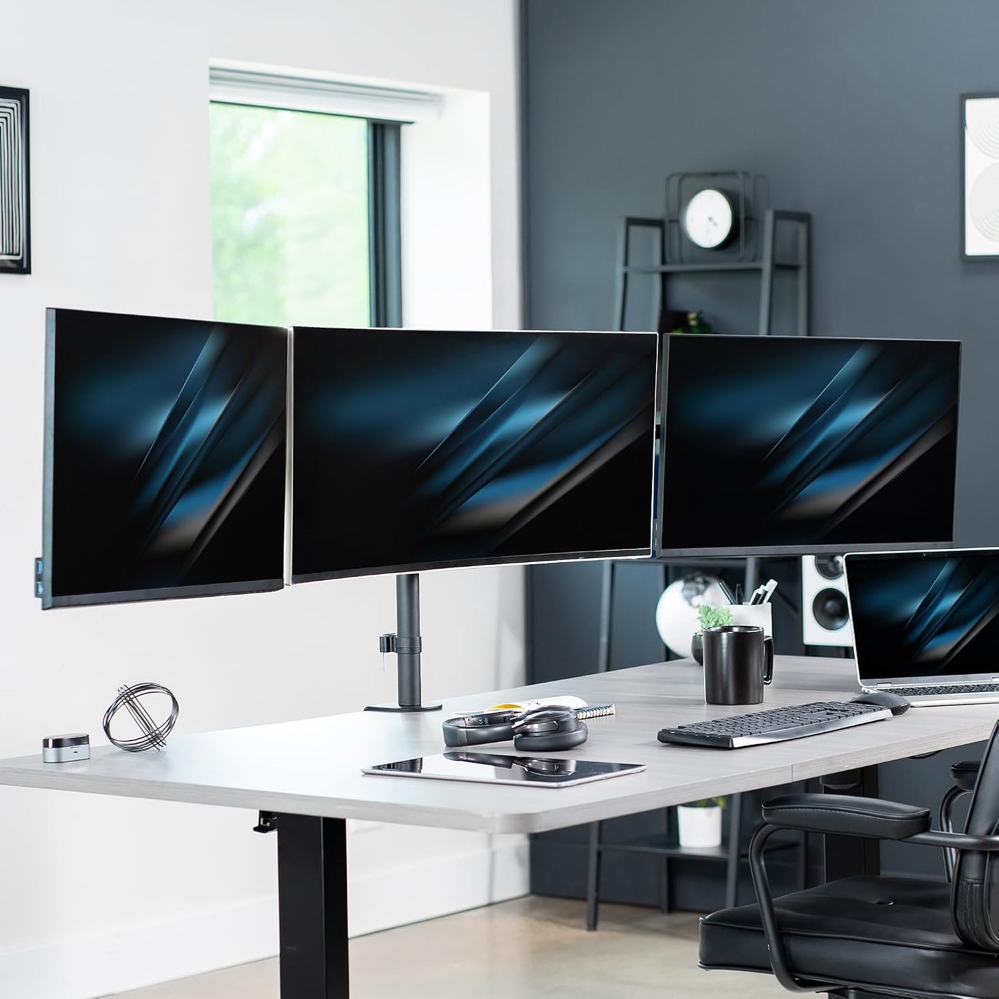 VIVO Premium Triple Monitor Desk Mount for 3 Screens up to 22 lbs, Fits up to 38 inch Ultrawides on Center Bracket, Adjustable Telescoping Arms, Flush Wall Setup, Black, STAND-TS03C