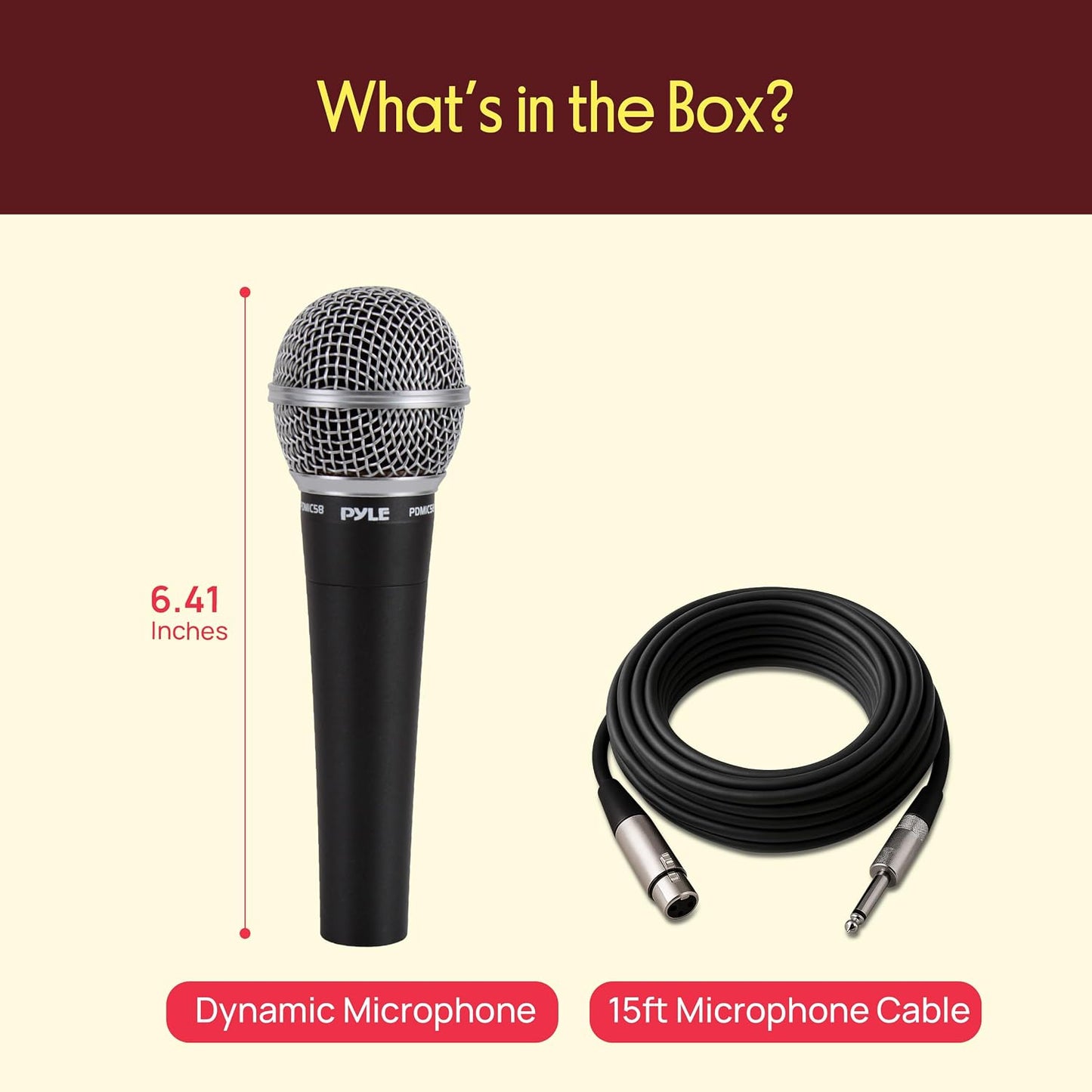Pyle Microphone, Dynamic Cardioid, XLR Cable Included, Unidirectional, Rugged Construction, Built-in Pop Filter, Perfect for Stage & Studio, High Gain, Ultra-Wide Frequency Response, 15ft Cable
