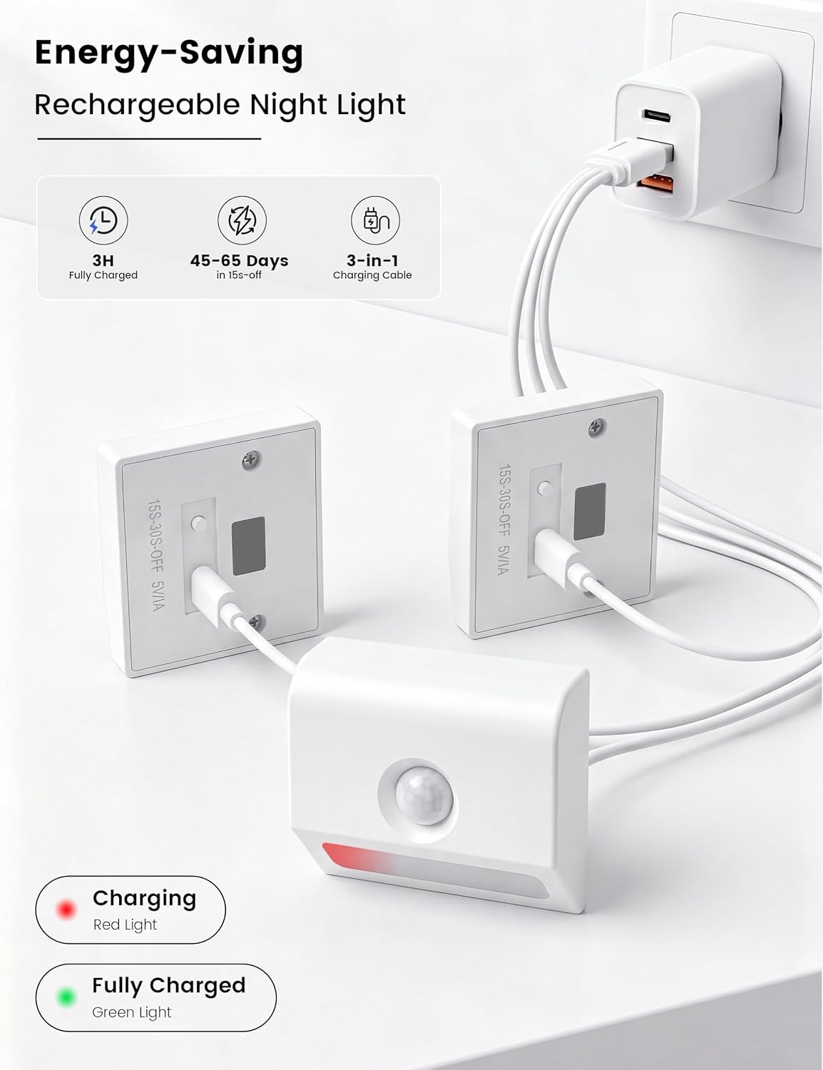 VOLISUN Rechargeable Motion Sensor Night Light, 3 Colors Temperature Stair Lights Indoor, Magnetic Portable Battery Night Light with Light Sensor for Hallway Bathroom Bedroom Closet White 3 Pack