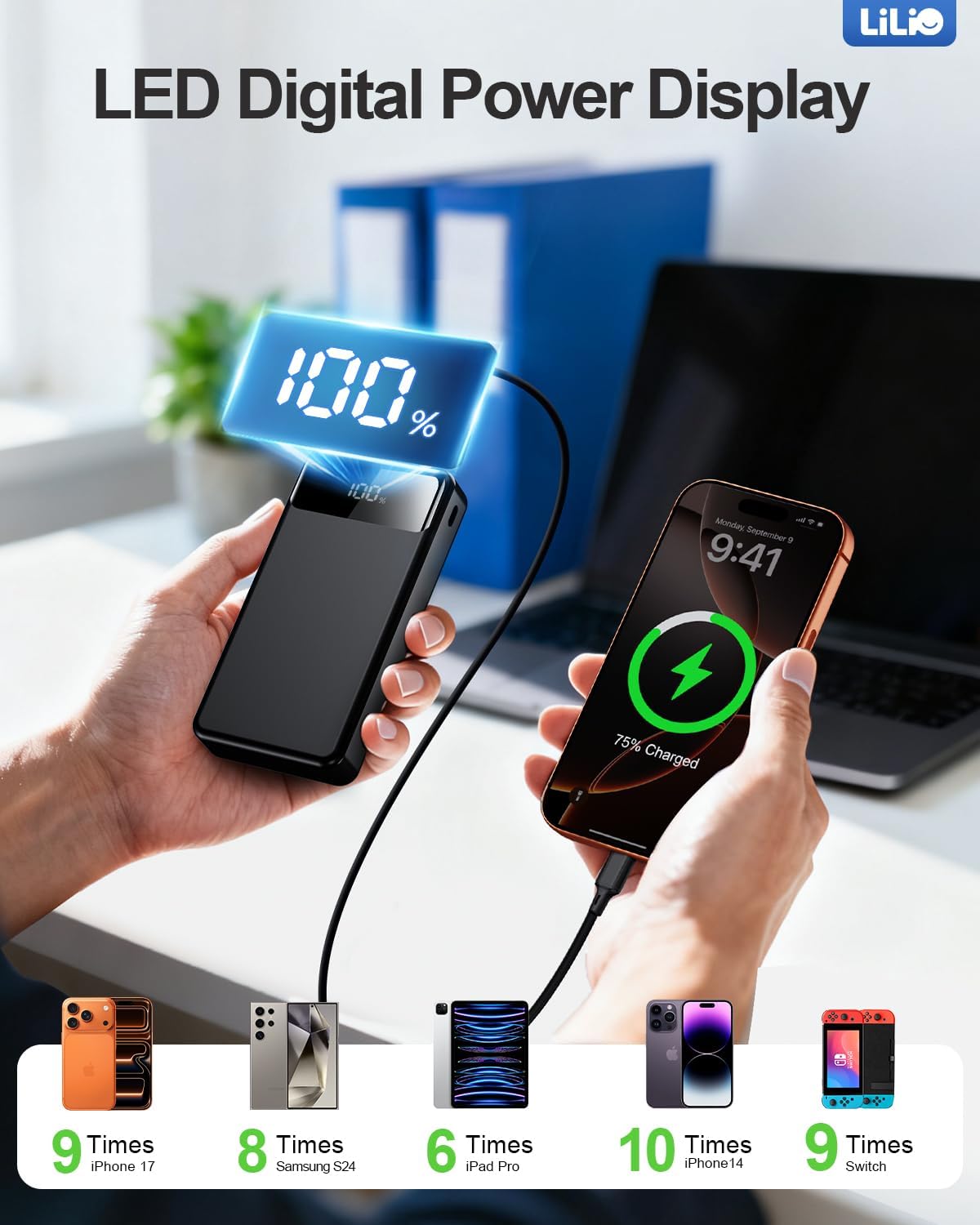 LILIO 60000mAh Portable Charger, 22.5W Fast Charging with 3 in 1 Cable | Charges 5 Devices, LED Display, Fits Camping, Road Trips, Hiking, Emergencies, for iPhone 17-12/Samsung/Android/iPad