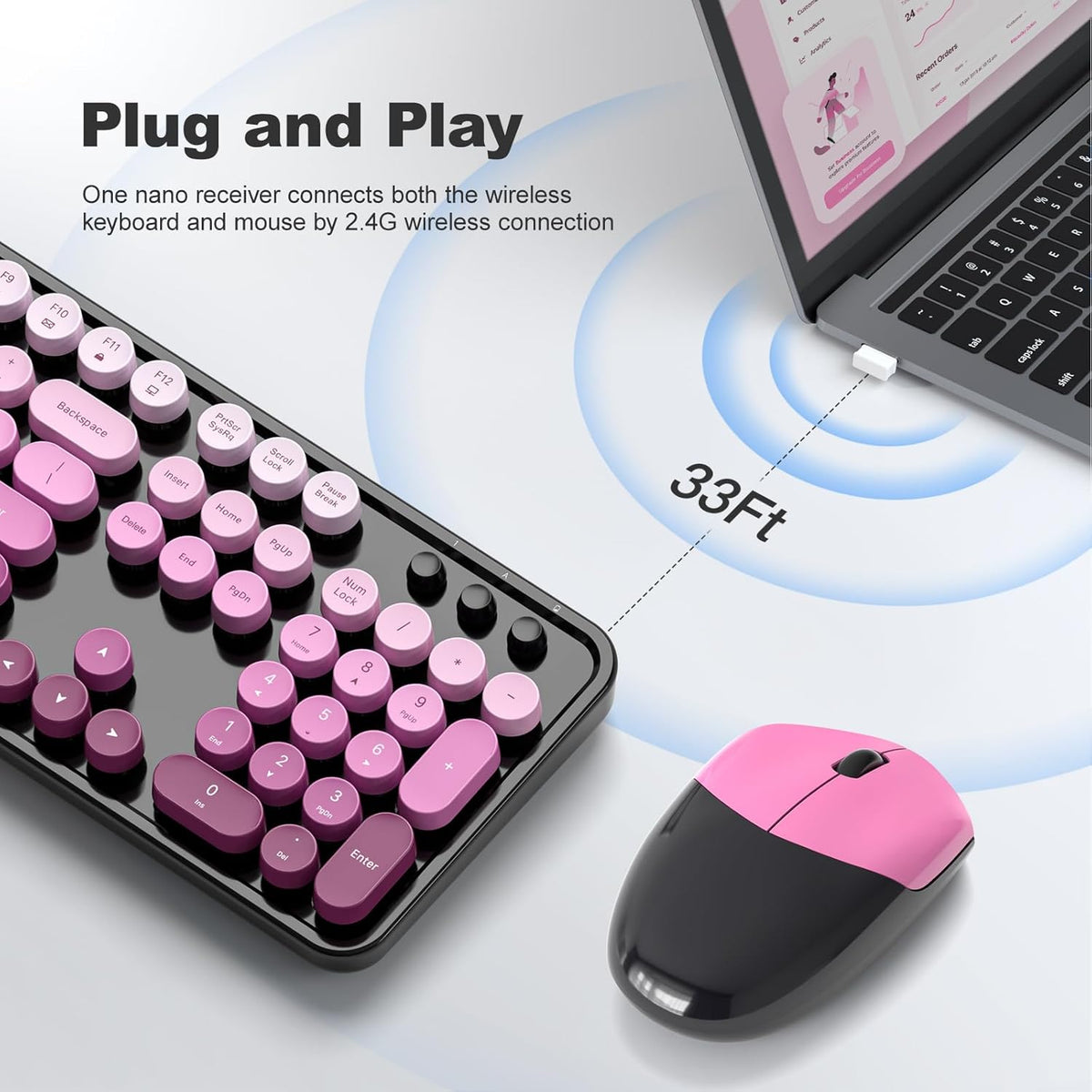 MOFII Wireless Computer Keyboard and Mouse Combo, Typewriter Full Size Keyboard with Number Pad and 2 in 1 USB Connected Mouse for PC Laptop Desktop Windows 7 8 11, Black & Pink