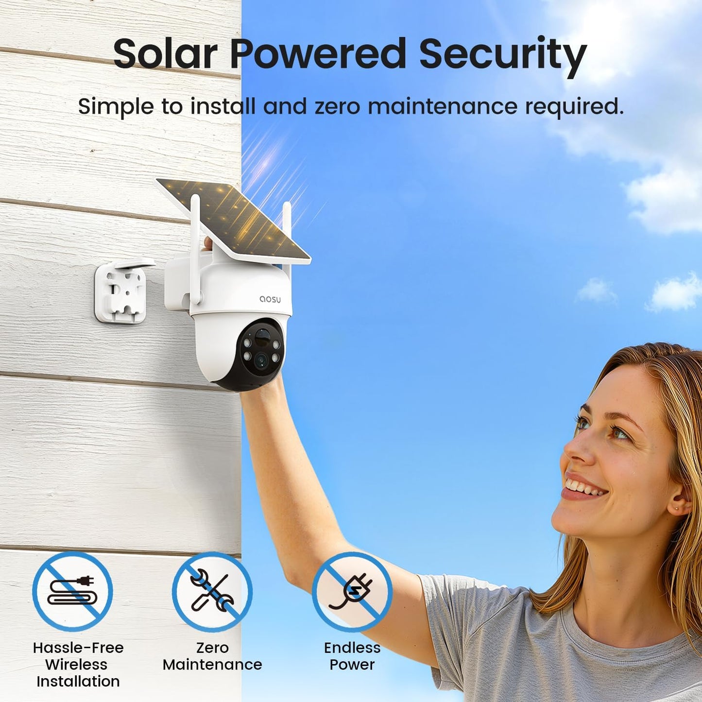aosu D1 Classic 4-Cam Kit, Security Cameras Wireless Outdoor, Solar Powered | No Subscription Required, 32GB Build-in Storage, 360° Auto Tracking, Solar Powered, 3MP Color Night Vision, Easy Install
