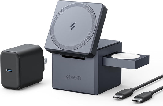 Anker 3-in-1 Cube MagSafe Compatible 15W Foldable Charging Station | Wireless Charger, Compact Desktop Stand for iPhone 17 / 16 Series, Apple Watch, and AirPods (Adapter Included, Non-Battery)