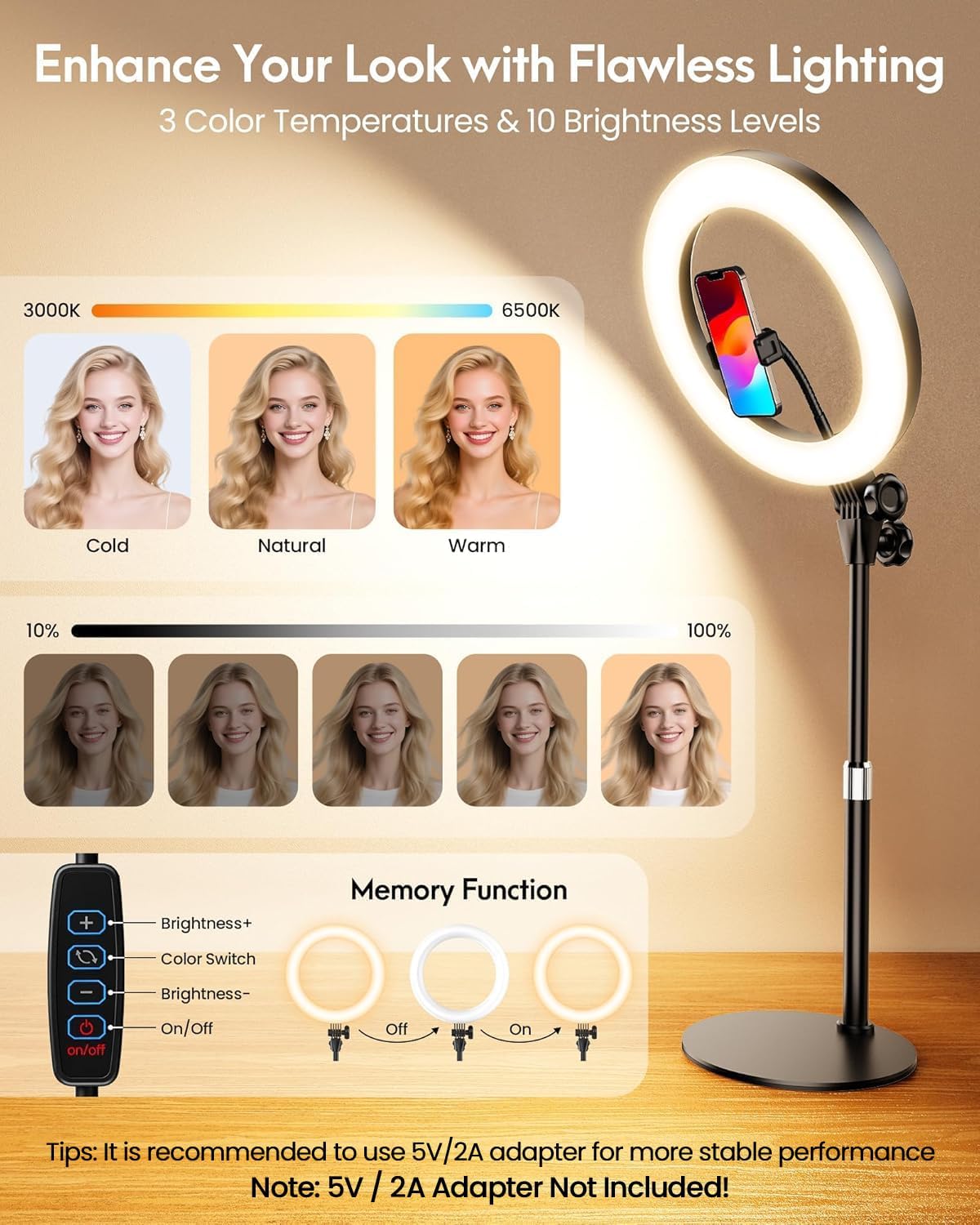 Desk Ring Light with Stand for Computer, Desk Light for Video Recording | 10.5" Video Conference Lighting, Adjustable Circle Light with Phone Holder for Zoom Meeting Video Call Podcast Stream Webcam