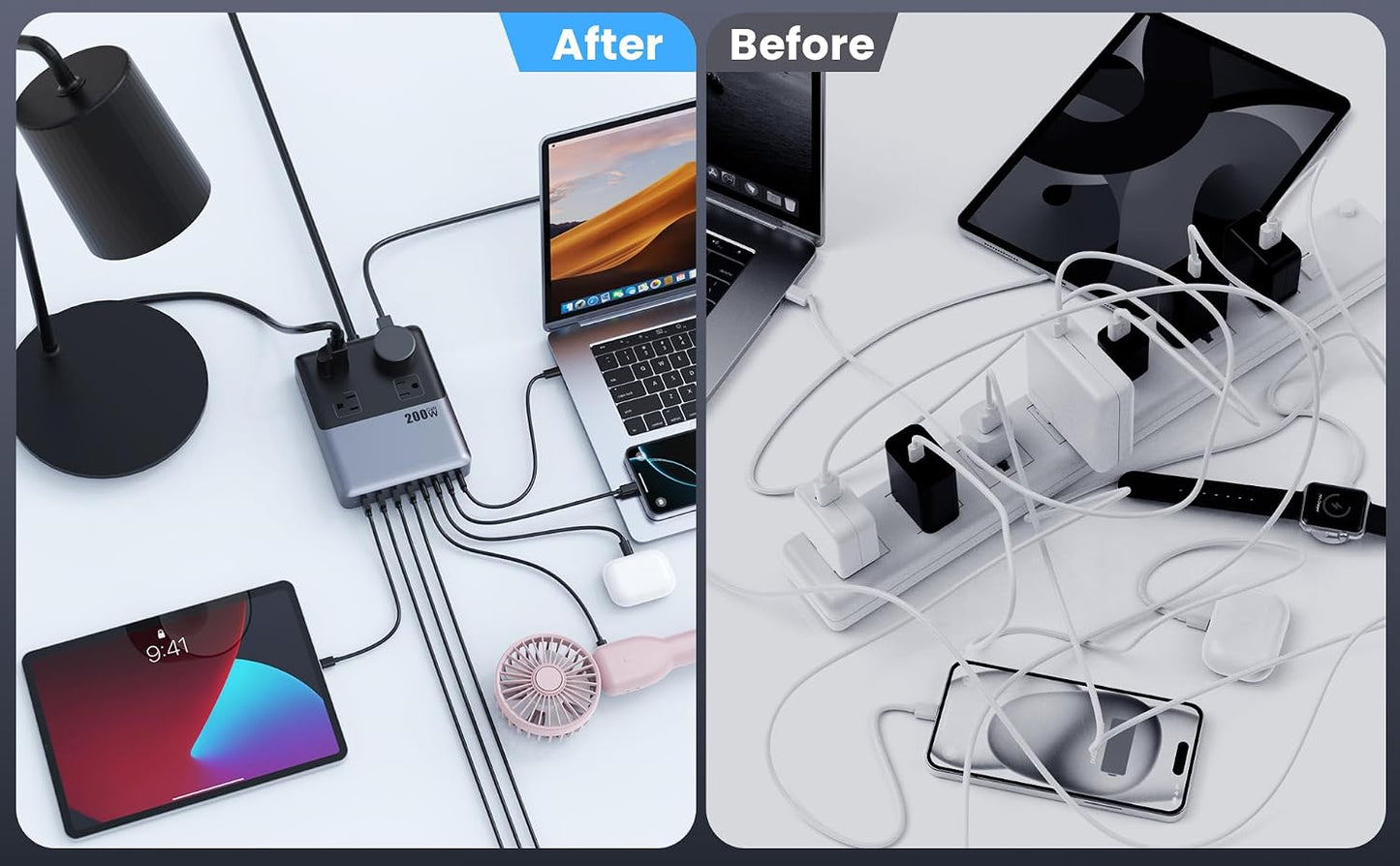 12-in-1 Charging Station USB C Power Strip with 5ft Cord and Plug,200W GaN IV USB C Charger Block,4 AC Outlets,8 USB for MacBook,iPhone 17/16/15,Fast Charging Desktop Charger for Office,Home