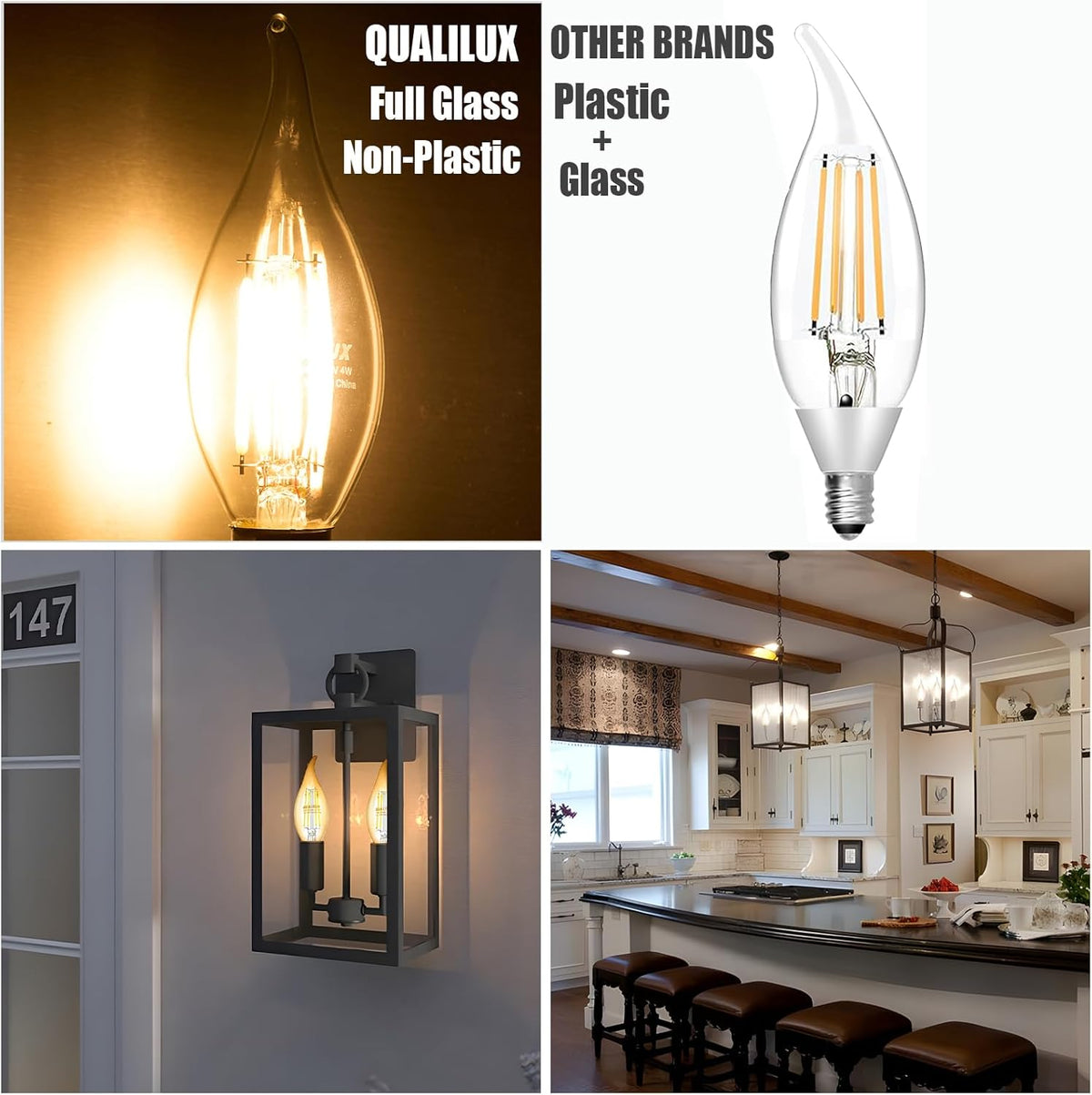 Qualilux Dusk to Dawn Candelabra Bulbs Outdoor, CA11 Vintage, Candle Flame Tip Full Glass, Non-Plastic, Soft White 2700K, 4W=40W, 450LM LED Light Sensing Auto On/Off Bulb, E12 Base, 4-Pack, HQ-H035