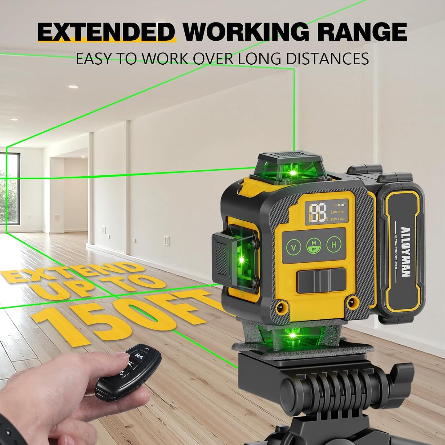 Alloyman Laser Level with Tripod, Laser Level 4× 360° Self Leveling | Green Line Lazer Leveler Tool with with 2Pcs Lithium Batteries, Ideal for Picture Hanging, Tile, Home Renovation, Indoor