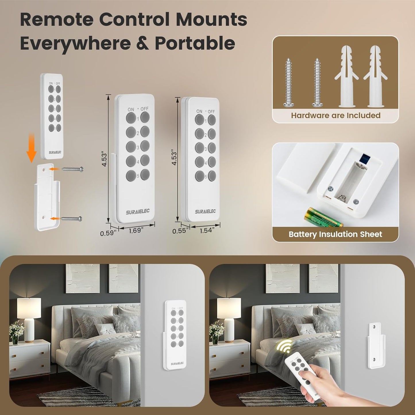 SURAIELEC Remote Control Outlet, Wireless Remote Light Switch, 100 FT, 15A/1875W, Expandable Indoor Compact Side Outlet Plug for Lamps, Fans, Christmas Trees, Small Appliances, 5 Outlets + 2 Remotes