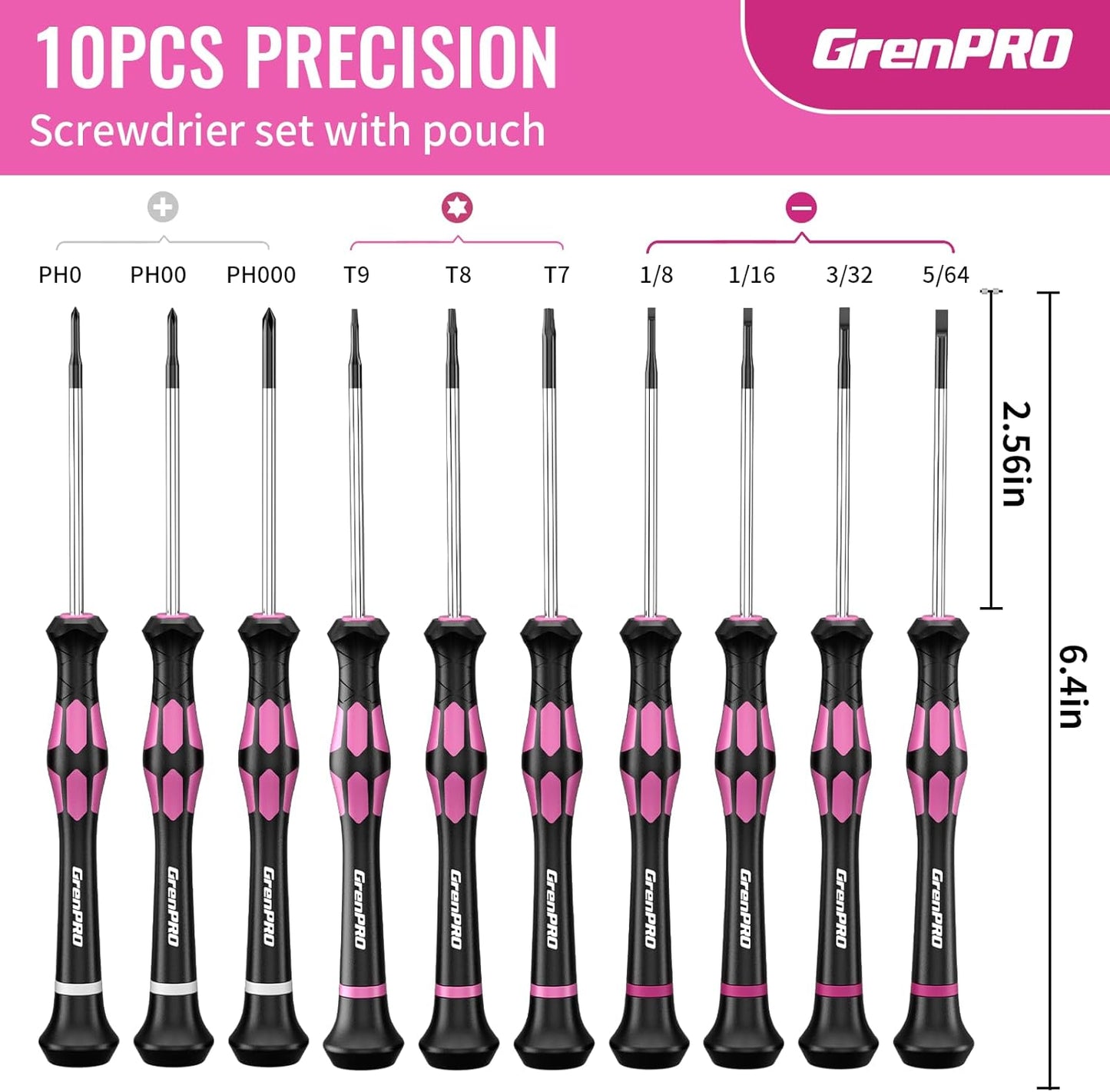 GRENPRO 10-Piece Precision Screwdriver Set, Magnetic Small Screwdrivers with Phillips, Slotted, Torx Star for Eyeglass, Watch, Computer, Laptop, Phone,Pink