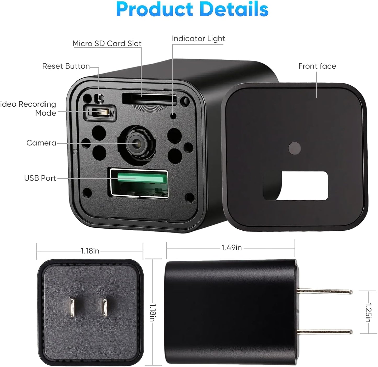 Mini Camera with 64G Card 1080P Small Security Camera Charger with Motion Detection for Indoor (No WiFi)