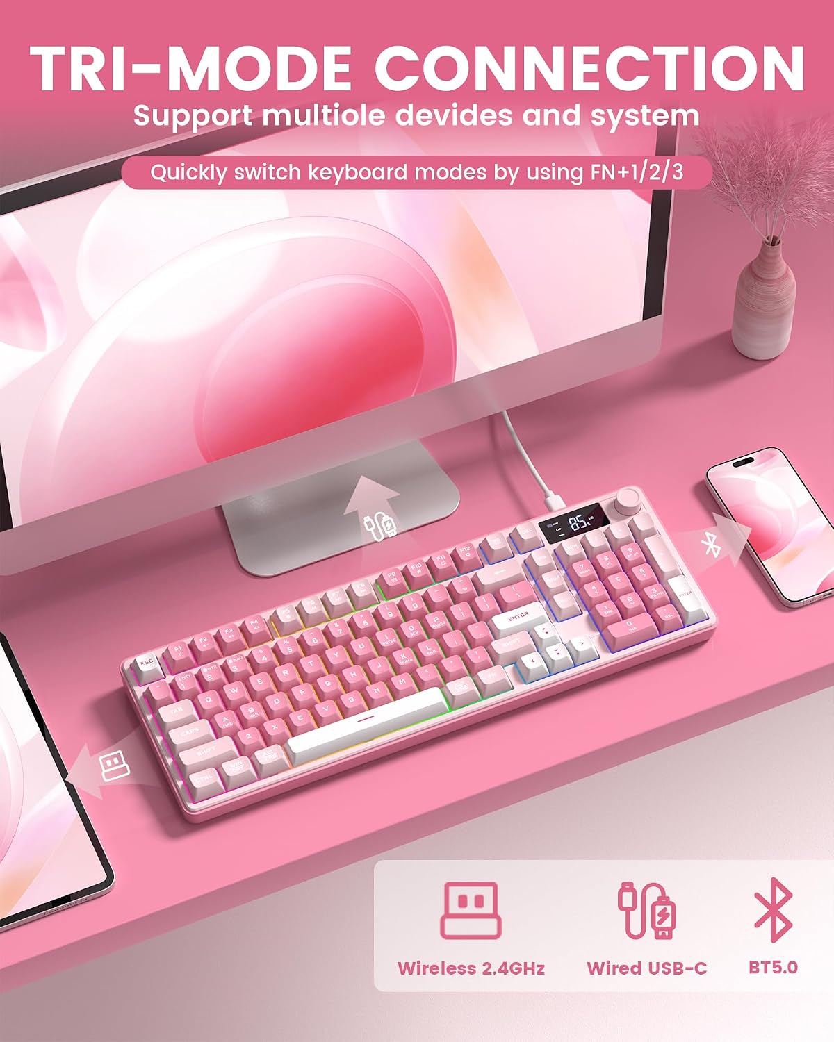 Keymatic Gaming Keyboard Wireless Creamy Keyboard with Media Knob & Screen Cute Keyboard Mechanical Feeling Membrane Keyboard with Number Pad RGB Backlit Tri-Mode BT/2.4GHz/USB-C - Pink