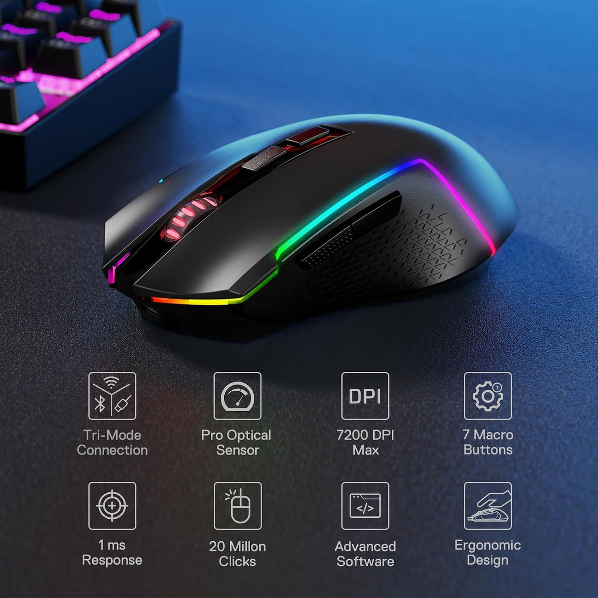 Redragon S136 Combo, K628 PRO 75% Wireless Gaming Keyboard + 7200 DPI Mouse | 78-Key Dedicated Arrow & Numpad, 0-Delay Tri-Mode Both Devices, Swap-Ready Socket, Shared Dongle, M693 5 on-board CPI Mice