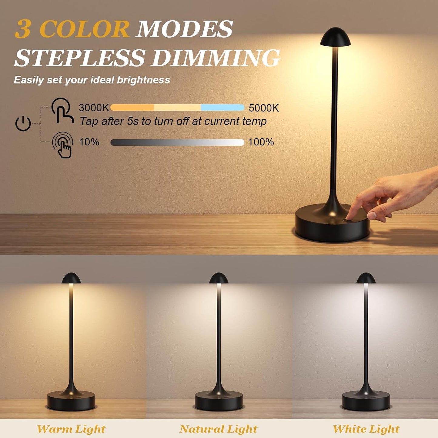 Cordless Rechargeable Table Lamp, Battery Operated Desk Lamp, Black, 2 Pack | Wireless Night Light, 3 Color Modes, Stepless Dimming, Portable LED Lighting for Dining Room, Restaurant, Bedside, Kitchen