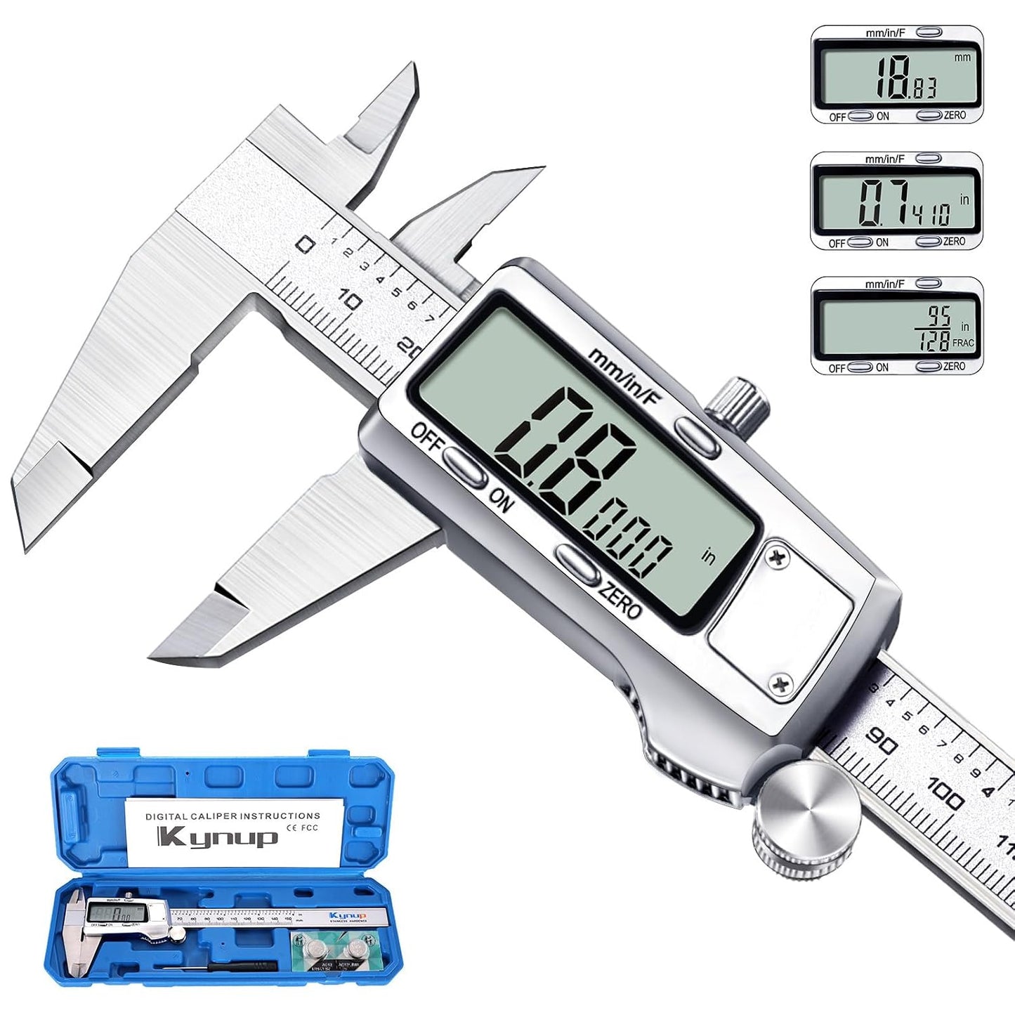 Kynup Digital Caliper, Caliper Measuring Tool, Micrometer, Full Turn Off | Auto-Off Feature, Stainless Steel, Large LCD Screen, Switch from Inch/Metric/Fraction, Black(6Inch/150MM)