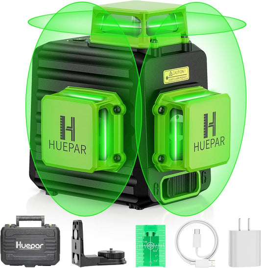HUEPAR Laser Level 360 Self Leveling, Rechargeable 3D High Brightness Green Laser 3x360° Best Laser Leveler Tool for Construction and Picture Hanging, Strong Magnetic Bracket & Hard Suitcase