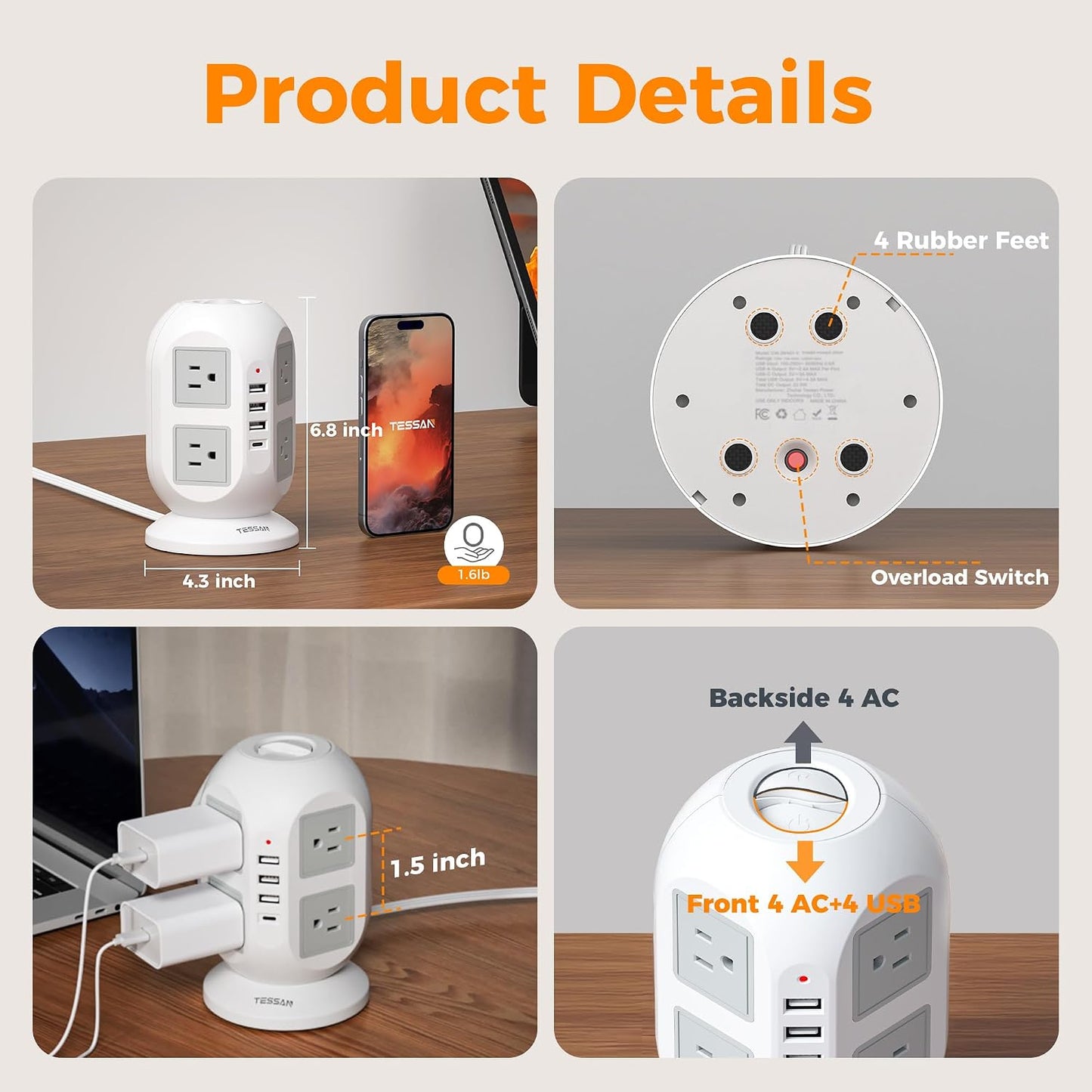 TESSAN Tower Surge Protector Power Strip, 10 ft Long Flat Extension Cord | 8 AC Outlets with 4 USB Ports (1 USB C), Charging Station with Surge Protection, for Home Office Dorm Room Essentials