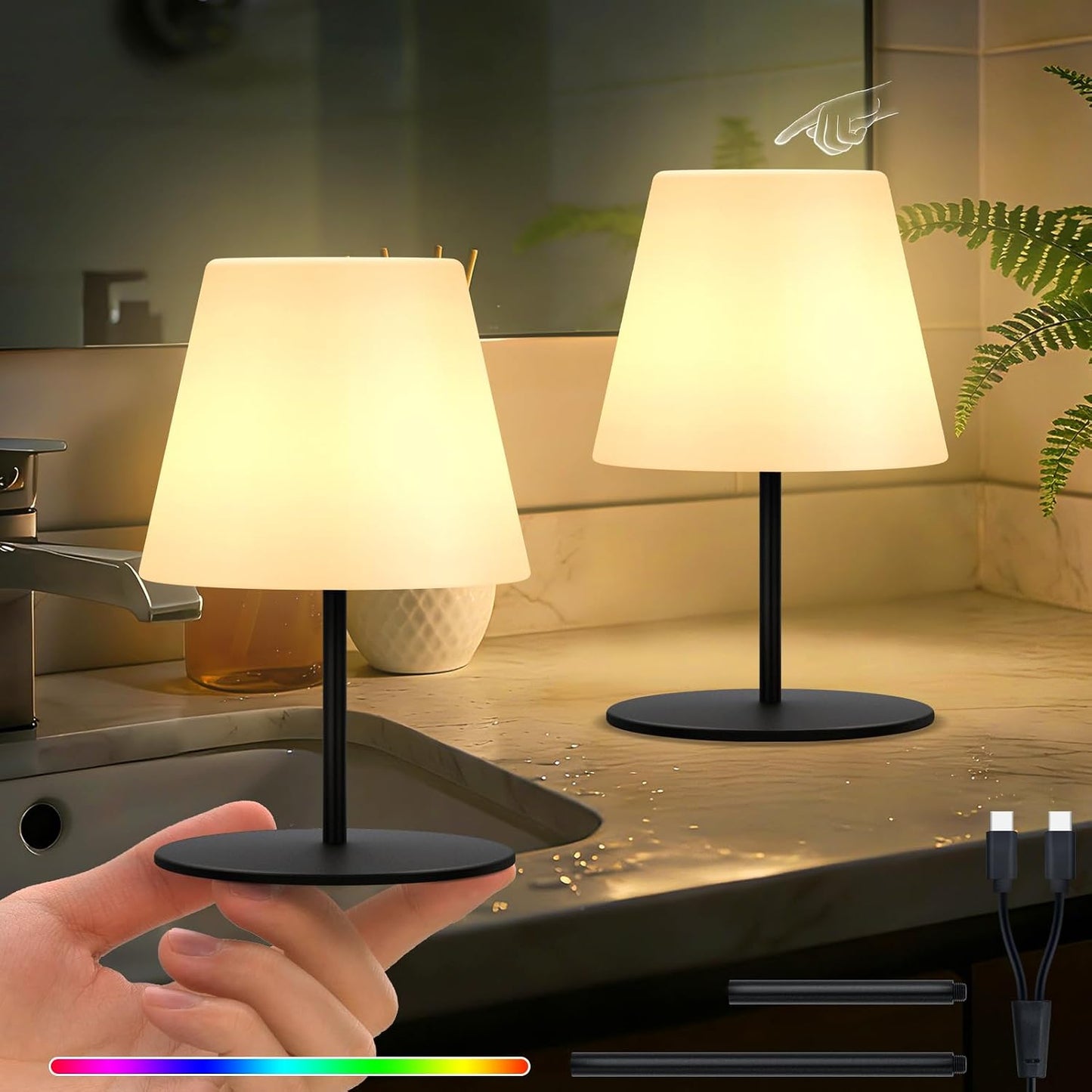 uuffoo 2 Pcs Mini Touch Shower Lamps Waterproof with 2-Step Warm White | Soft Light for Eye Care, Cordless Recharge lamp, RGB, IP44, Dual Plug USB Charging Cable, Color Temperature Memory(Black)