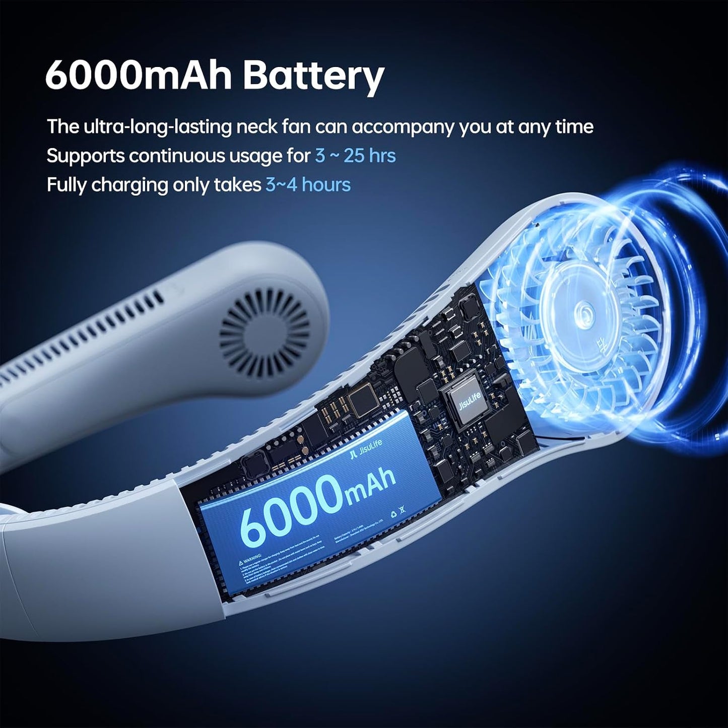 JISULIFE Portable Neck Fan Upgraded: Neckbrace Hands-Free, 5-Speed 6000 mAh | 25H Max Runtime, Personal Wearable Bladeless Rechargeable Fan for Outdoor/Travel/Concerts, Gifts for Women Men - Light Blue