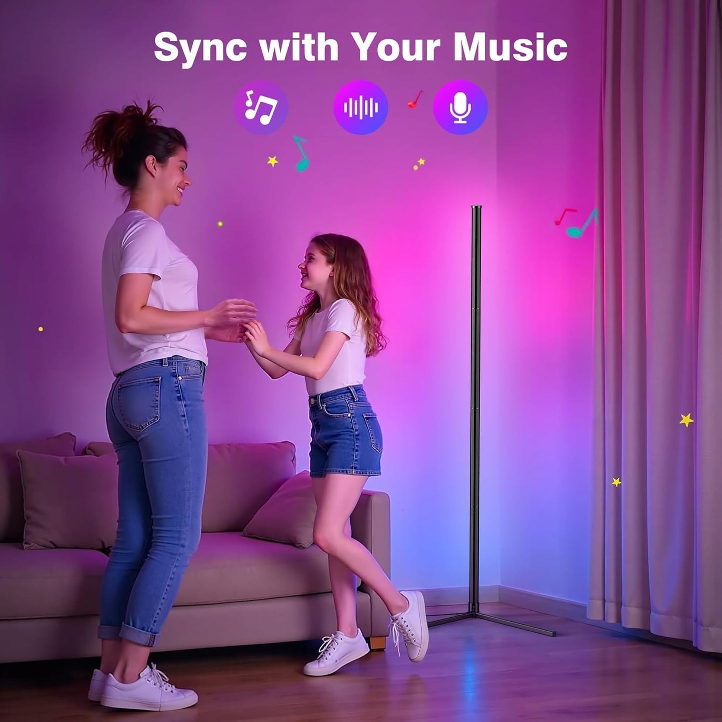 Corner Floor Lamp, 2 Pack LED Corner Lamp with App/Remote/Button Control, Smart RGB Floor Lamp with 16 Million DIY Colors & 68+ Scene, 300+ Scene, Music Sync for Living Room, Bedroom, Gaming Room