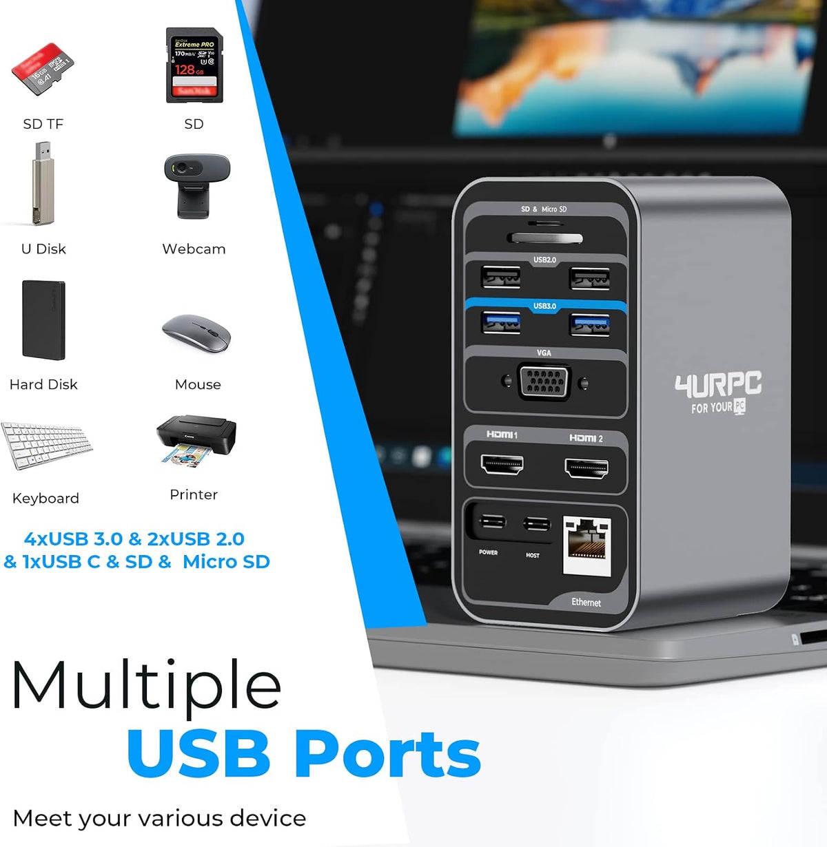 4URPC USB C Docking Station Dual Monitor 7 USB A/C, Plug and Play