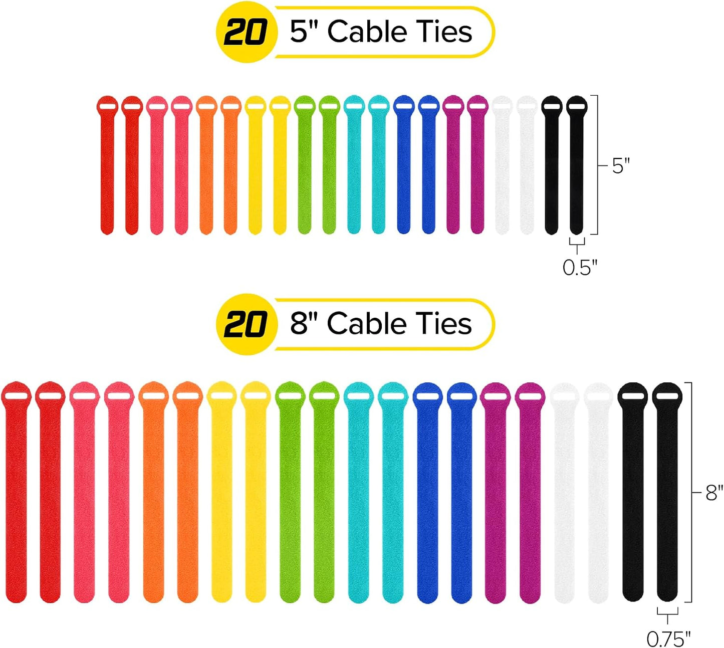Self-Gripping Cable Ties by Wrap-It Storage - Assorted 40-Pack Multicolor | Reusable Hook and Loop Cord Keeper, Cable Wrappers for Cord Management and Home Office Desk Organization