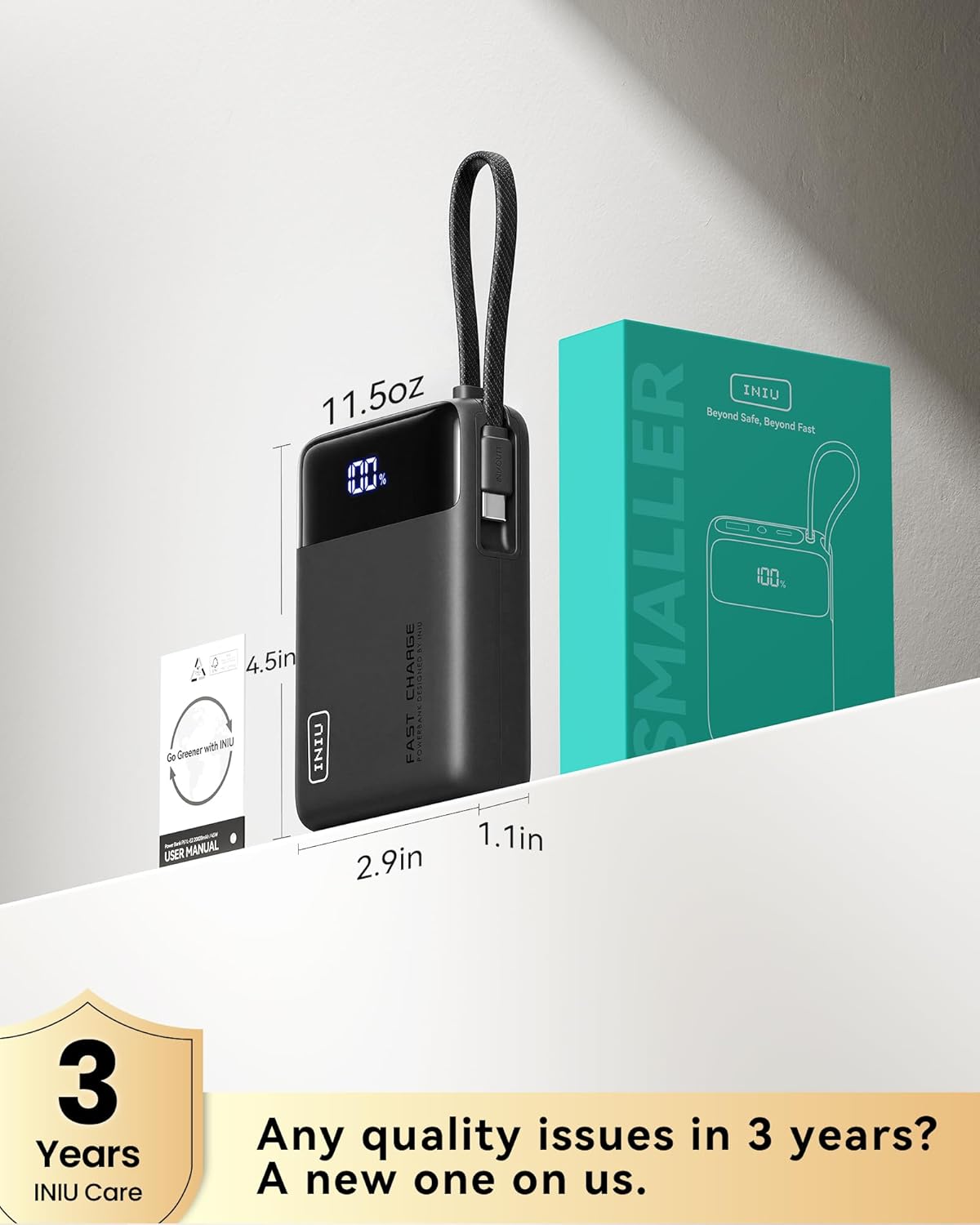 INIU 20000mAh Portable Charger, Smaller 45W Fast Charging Travel Power Bank | Flight-Safe, Built in USB-C Cable, Travel Essential, Battery Phone Pack for iPhone 17 16 Pro, Samsung S26, iPad etc