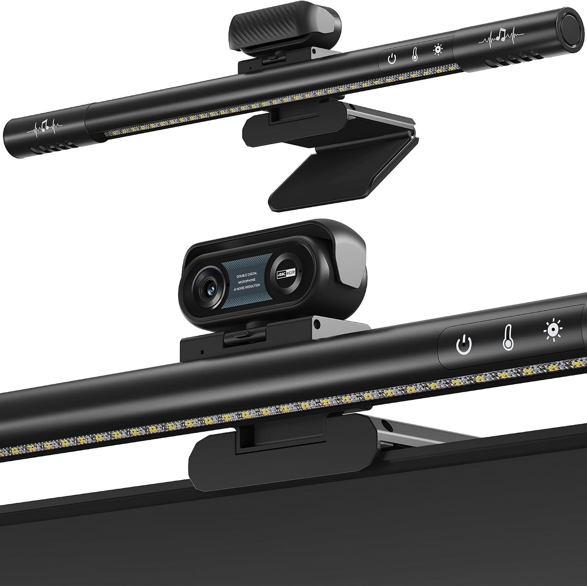 4-in-1 4K Webcam with Microphone and Speaker, Noise Cancellation, Privacy Cover, Auto Light Correction, 90° FOV , Plug & Play USB Camera with Monitor Light Bar, Webcam for PC/Meeting/Online Video
