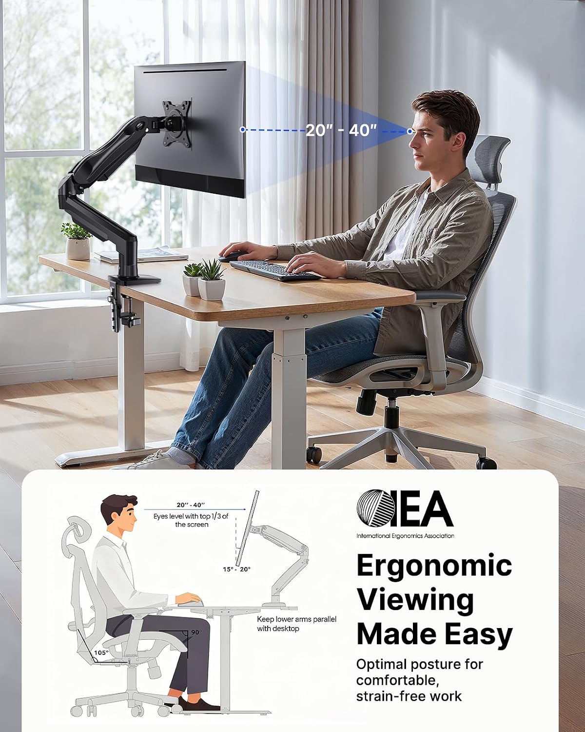HUANUO FlowLift™ Single Monitor Mount, 13 to 32 Inch Monitor Arm, Adjustable Monitor Stand, Vesa Mount with Clamp and Grommet Base - Fits 4.4 to 19.8lbs LCD Computer Monitors