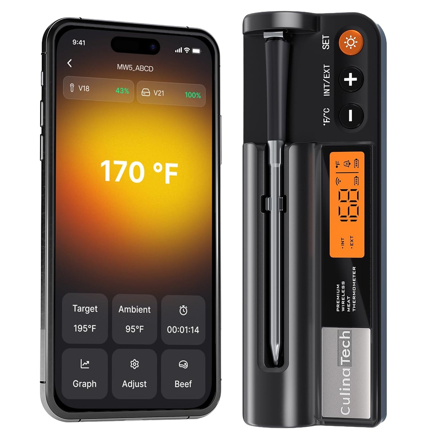 Smart Wireless Meat Thermometer Digital, Bluetooth Meat Thermometer Wireless with Dual High-Accuracy Sensors, Instant Read LCD & App Control for Kitchen BBQ Grill Smoker Air Fryer